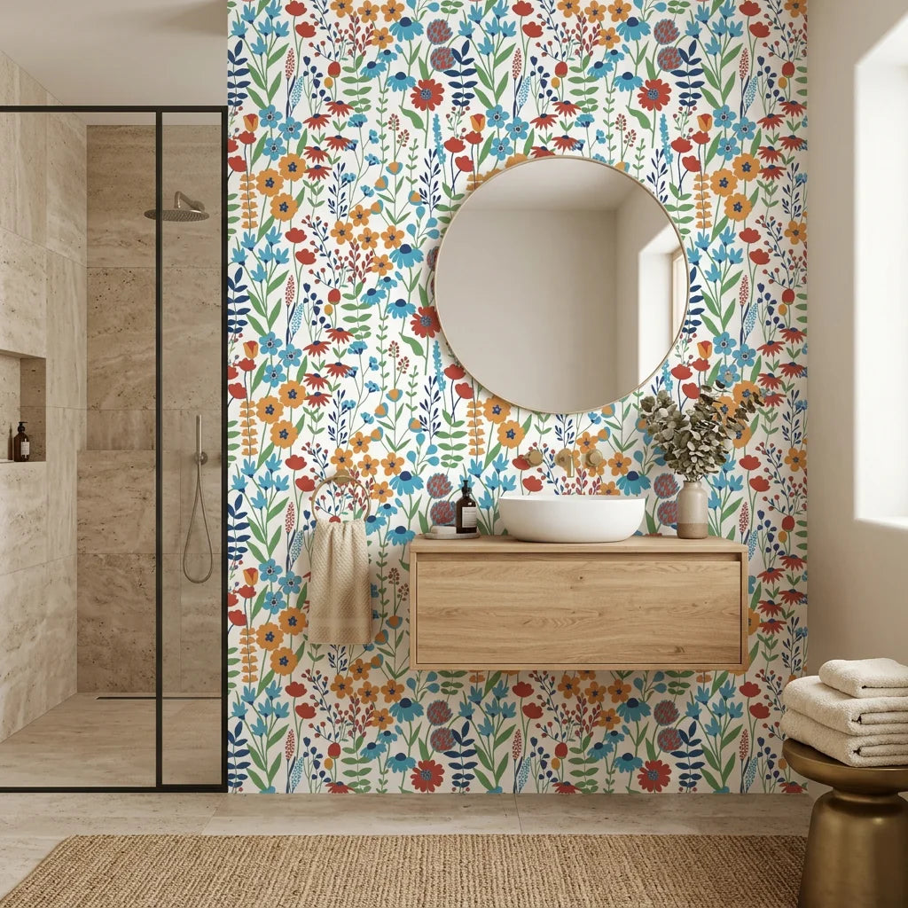 Amber Poppy vibrant floral peel and stick wallpaper as a feature wall in a bright home office