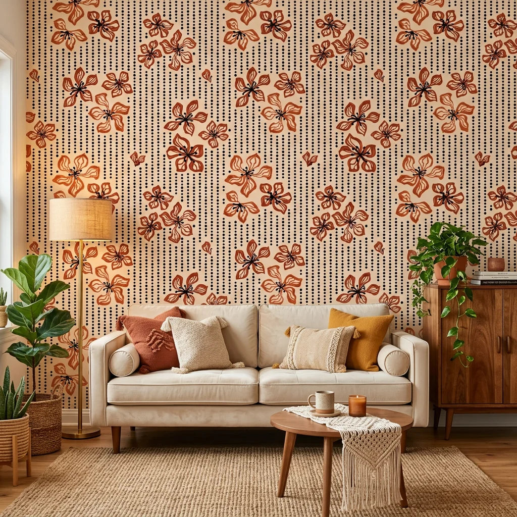 Amber Rhythm abstract earth wallpaper in a warm and inviting living room