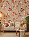 Amber Rhythm abstract earth wallpaper in a warm and inviting living room