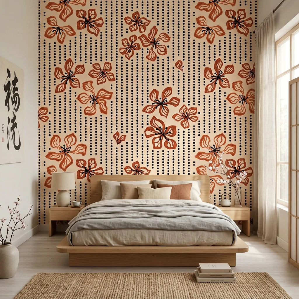 Amber Rhythm abstract earth wallpaper adding character to a cozy bedroom