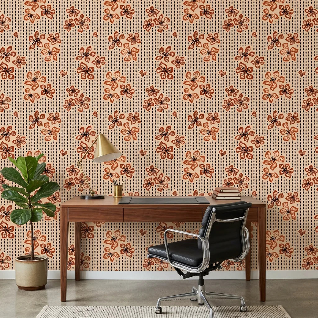 Amber Rhythm abstract earth wallpaper as a feature wall in a bright home office