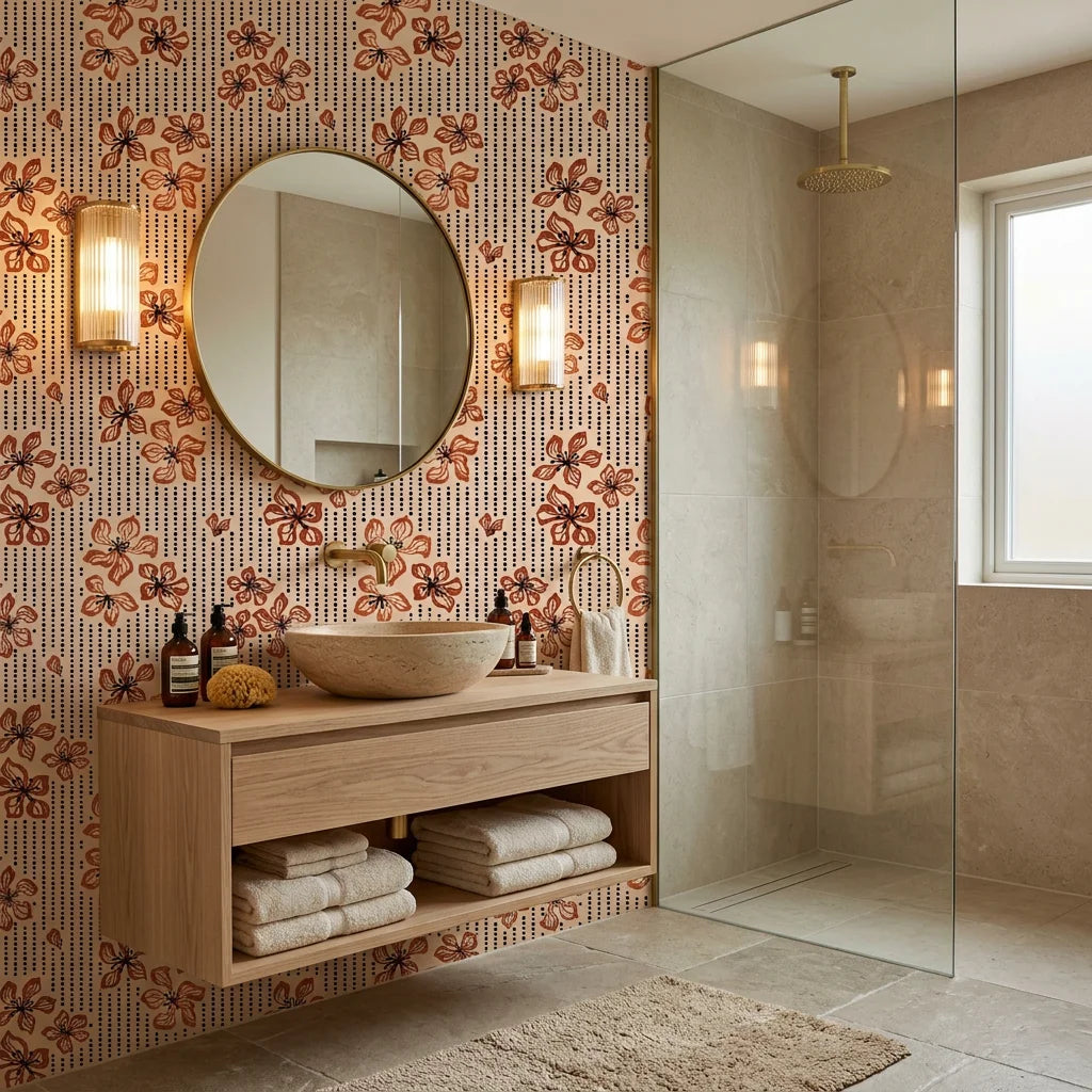 Amber Rhythm abstract earth wallpaper creating ambiance in a serene bathroom