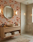 Amber Rhythm abstract earth wallpaper creating ambiance in a serene bathroom