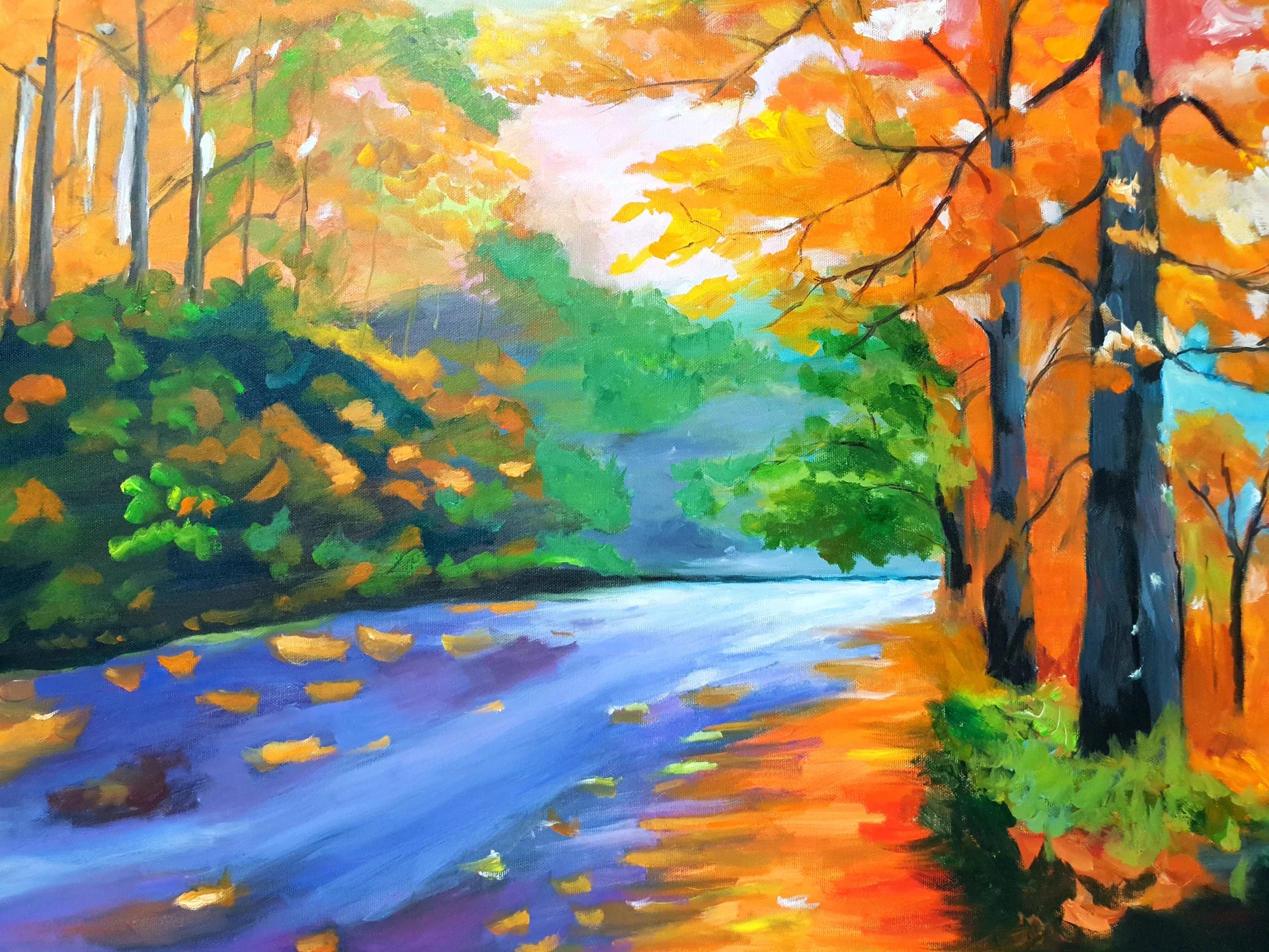 Amber River autumn landscape painterly wallpaper creating ambiance in a serene bathroom