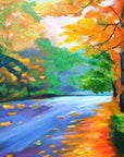 Amber River autumn landscape painterly wallpaper creating ambiance in a serene bathroom