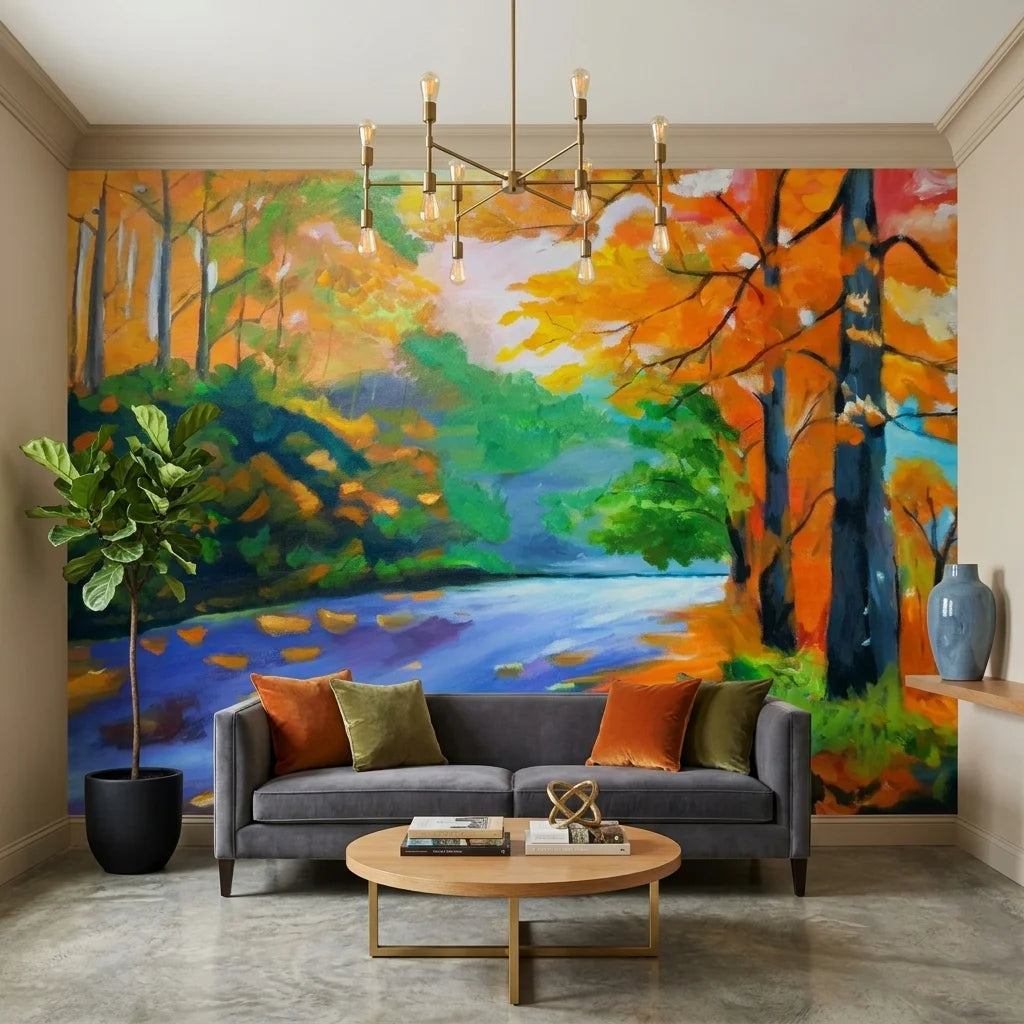 Canvas-like autumn forest river landscape peel and stick wallpaper - Amber River