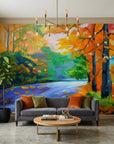 Canvas-like autumn forest river landscape peel and stick wallpaper - Amber River
