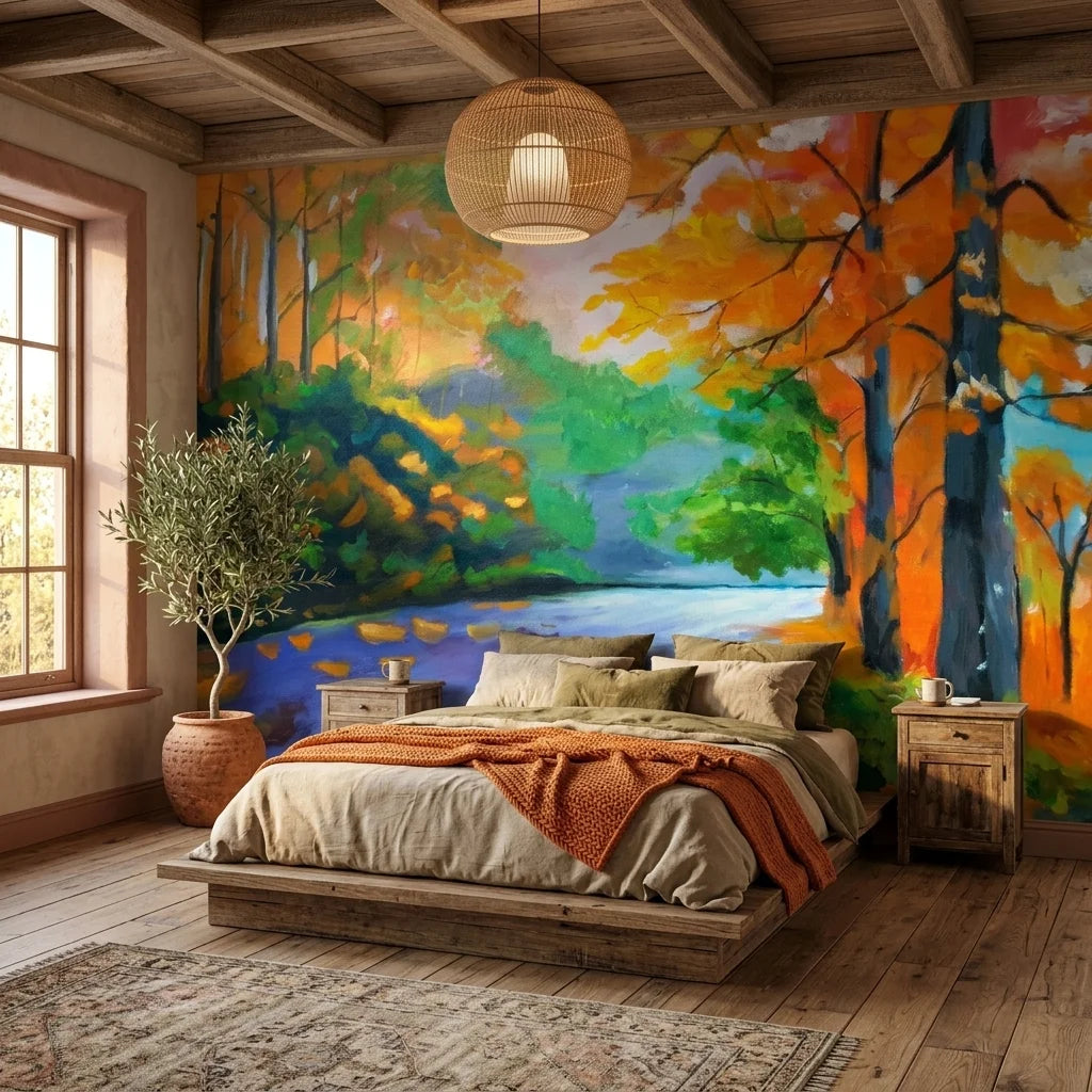 Amber River autumn landscape painterly wallpaper in a warm and inviting living room