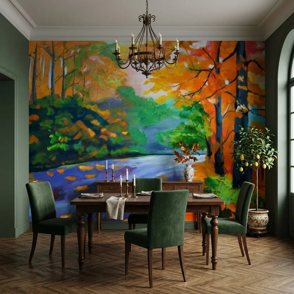Amber River autumn landscape painterly wallpaper adding character to a cozy bedroom