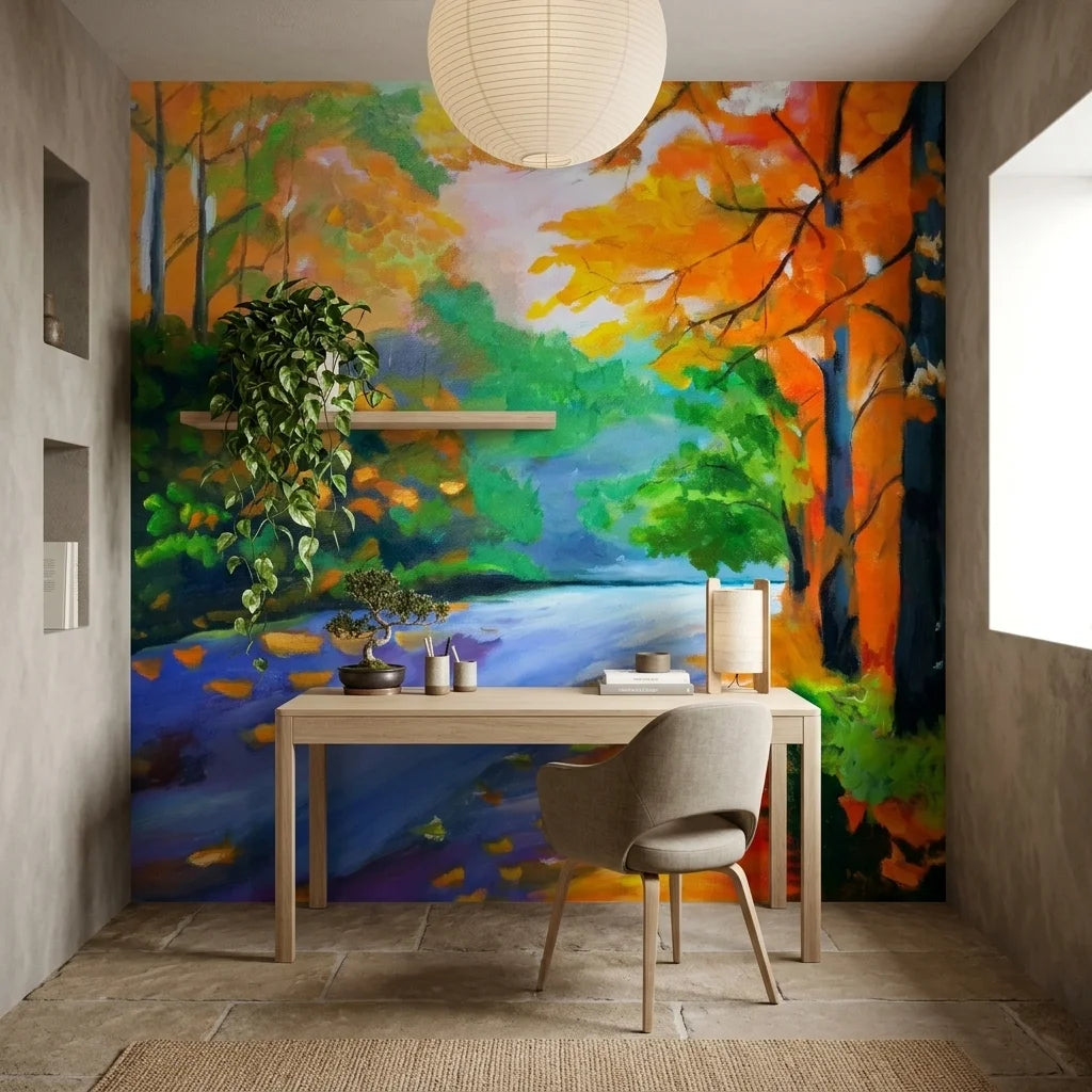Amber River autumn landscape painterly wallpaper as a feature wall in a bright home office