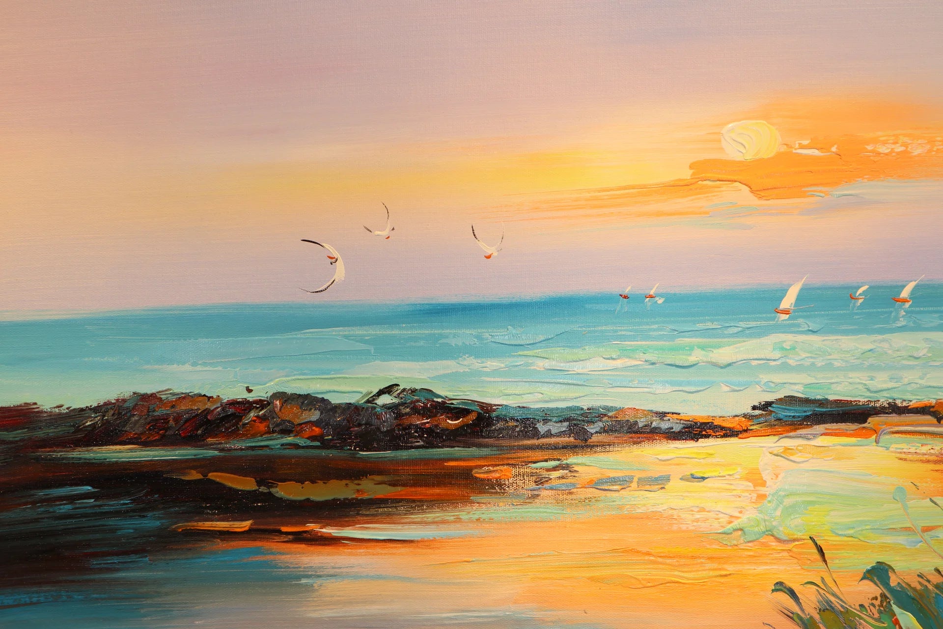 Amber Shore coastal sunset painterly wallpaper creating ambiance in a serene bathroom