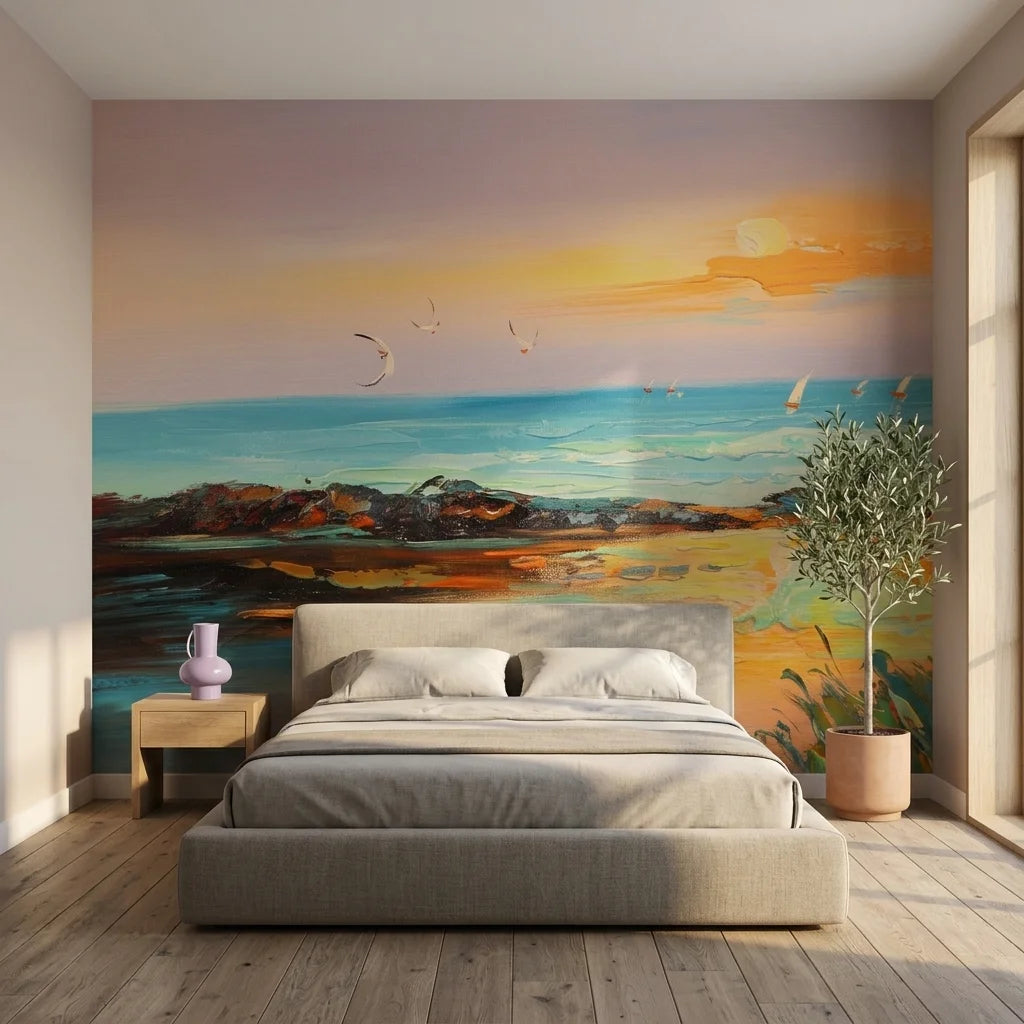 Smooth coastal sunset seascape peel and stick wallpaper - Amber Shore