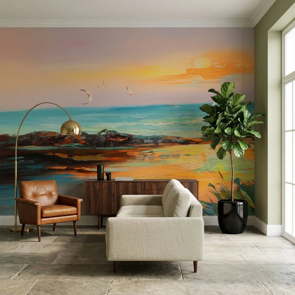 Amber Shore coastal sunset painterly wallpaper in a warm and inviting living room
