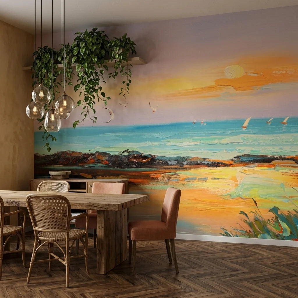 Amber Shore coastal sunset painterly wallpaper adding character to a cozy bedroom