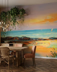 Amber Shore coastal sunset painterly wallpaper adding character to a cozy bedroom