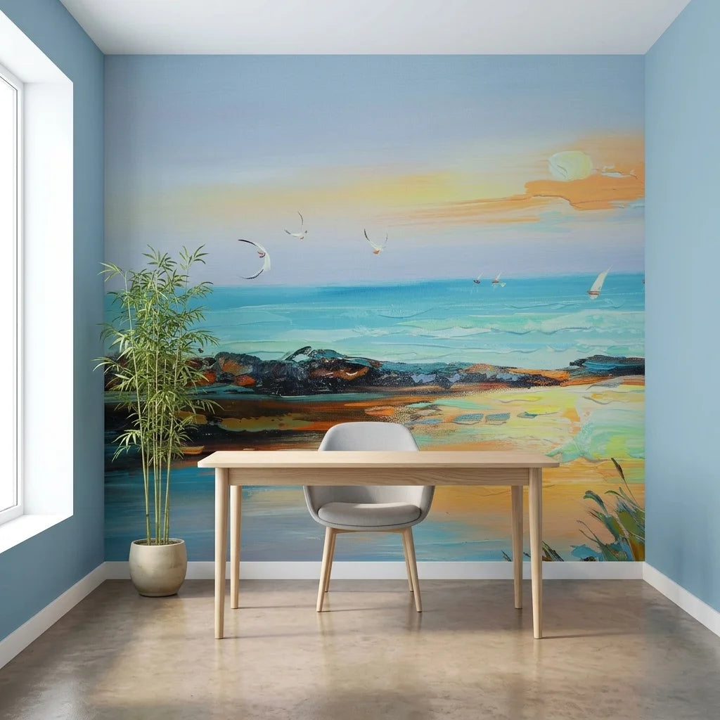 Amber Shore coastal sunset painterly wallpaper as a feature wall in a bright home office