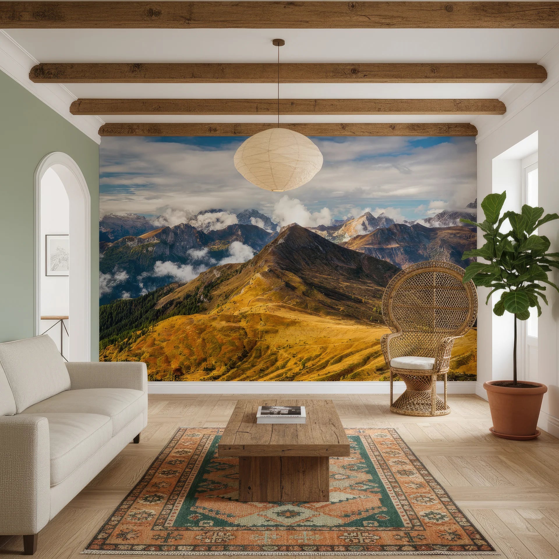 Matte golden mountain ridges peel and stick wallpaper - layered terrain