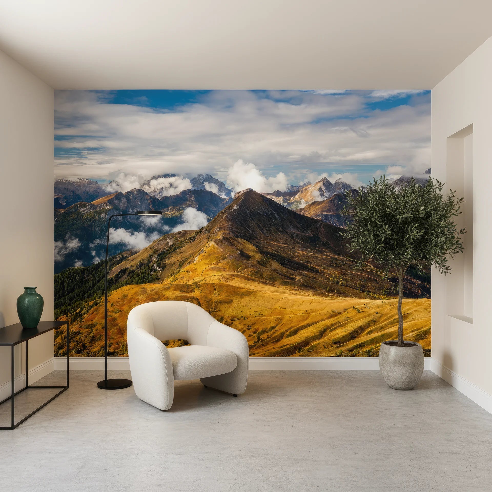 Warm amber mountain ridge landscape with shadow and light play on removable wallpaper