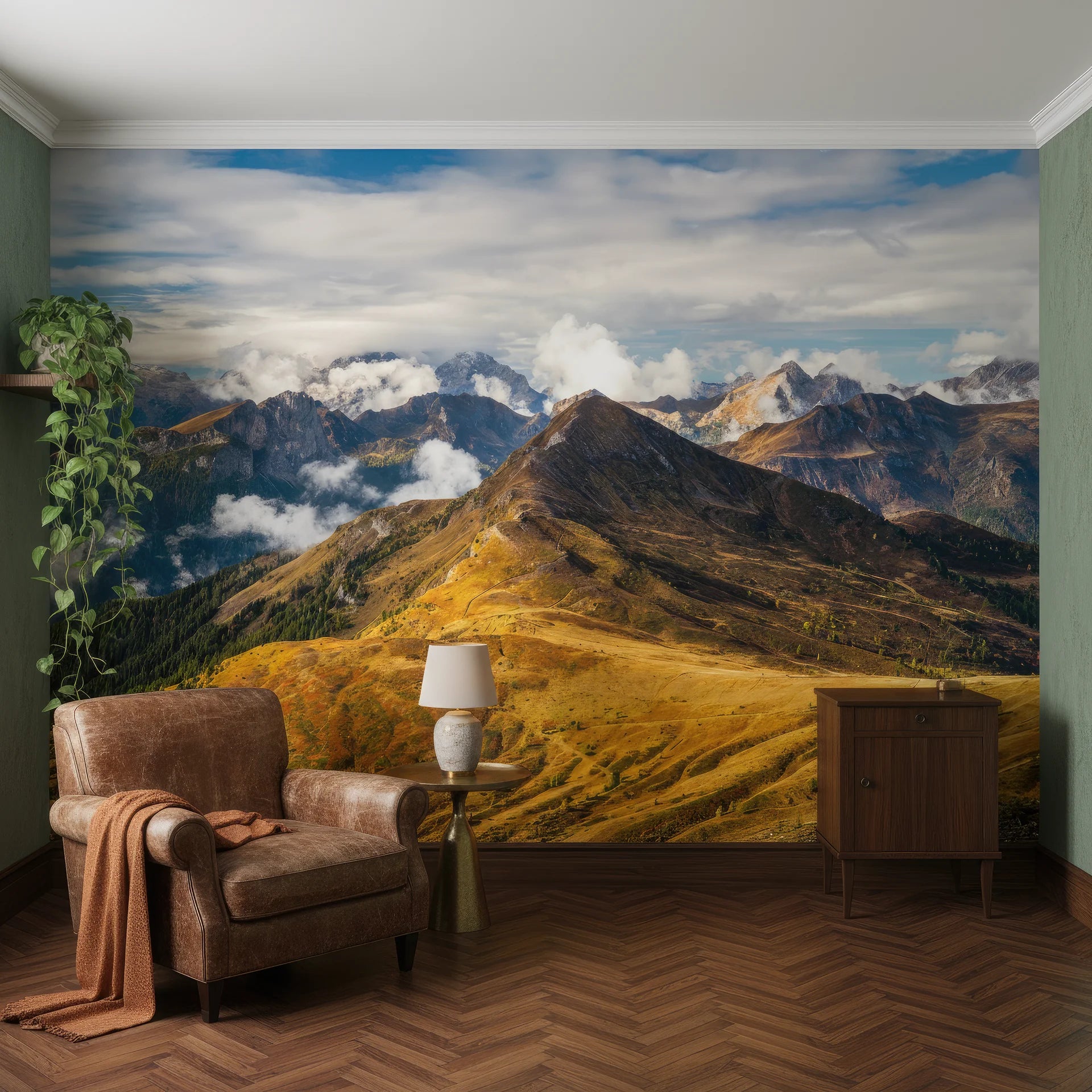 Sculptural mountain terrain in golden and brown tones on peel and stick wall covering
