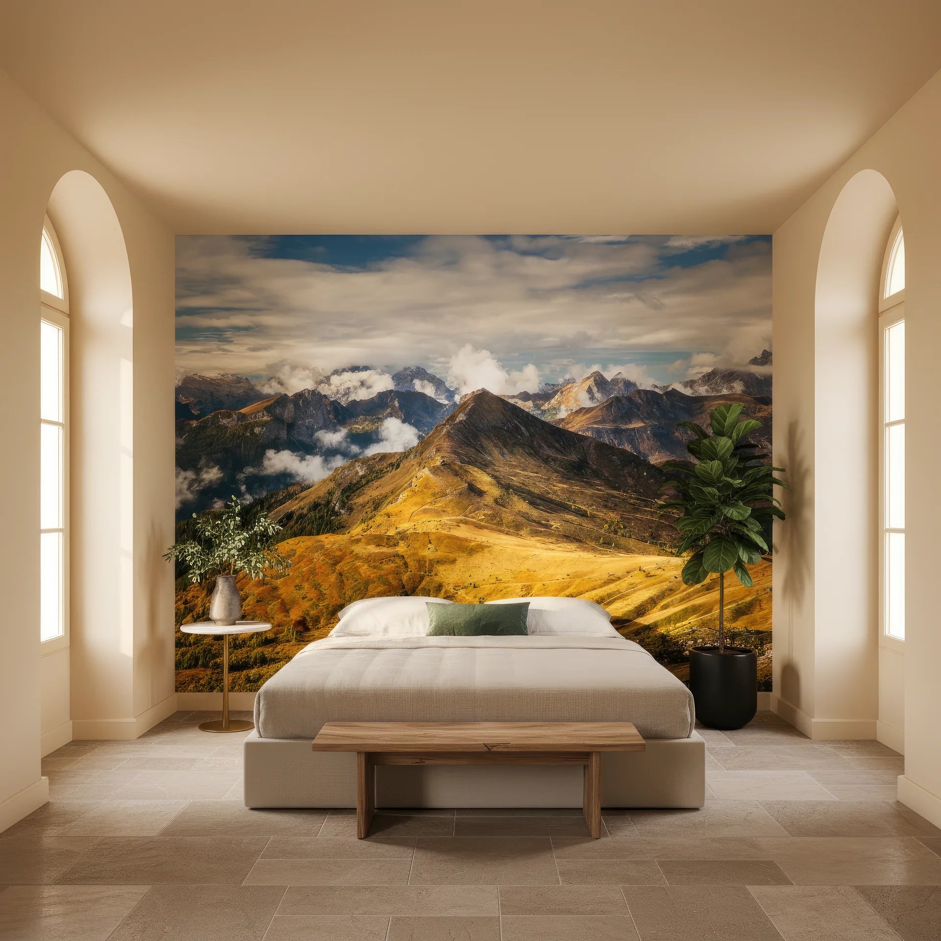 Distant mountain vista with warm amber ridge formations on removable wallpaper