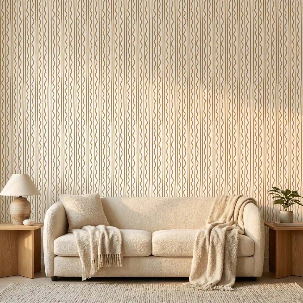 Smooth neutral tan wavy lines abstract peel and stick wallpaper - Amber Wave