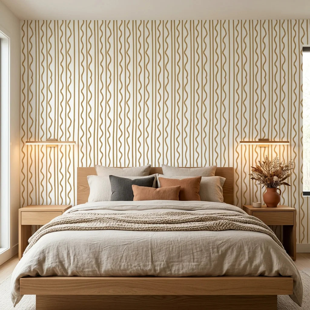 Amber Wave neutral abstract peel and stick wallpaper in a warm and inviting living room