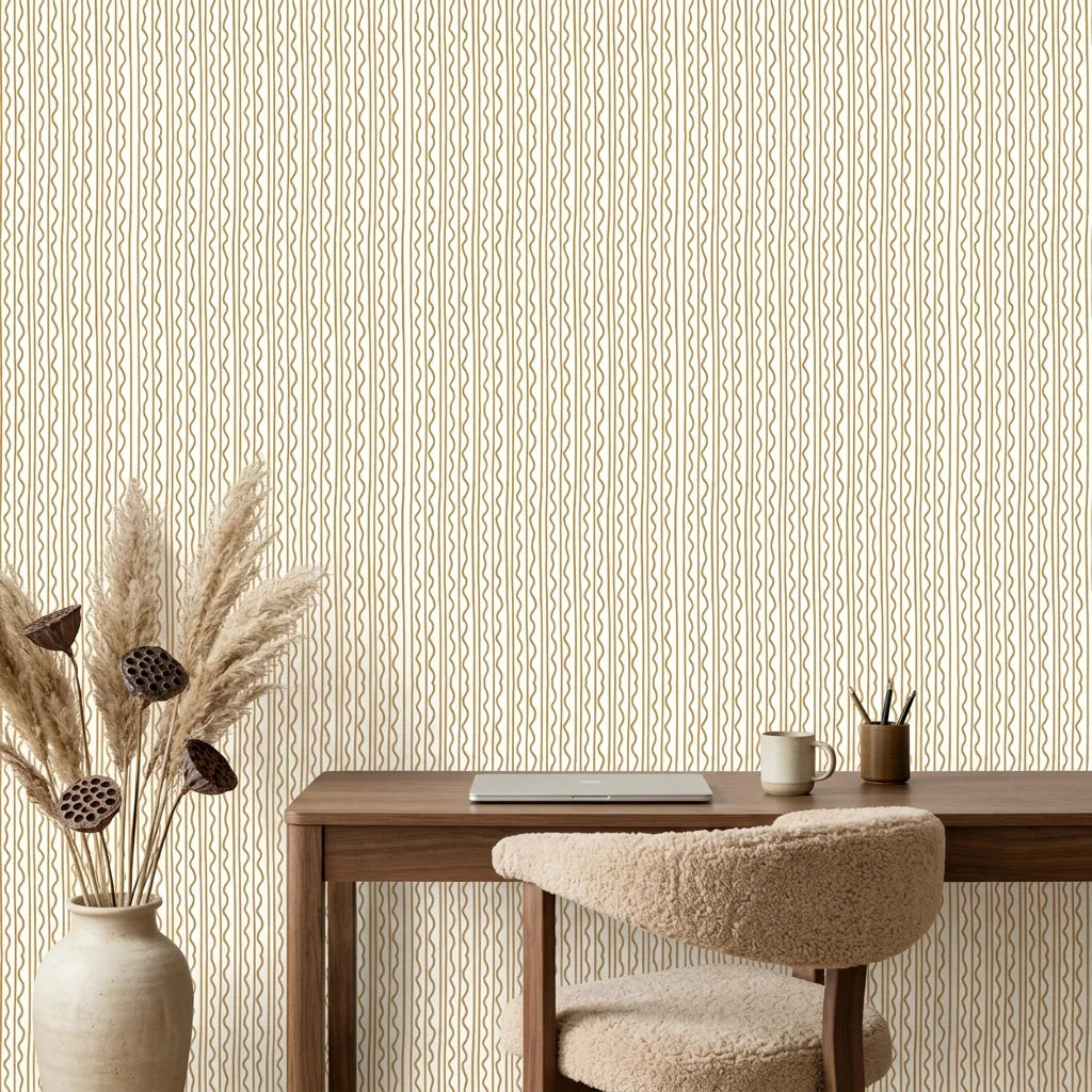 Amber Wave neutral abstract peel and stick wallpaper adding character to a cozy bedroom