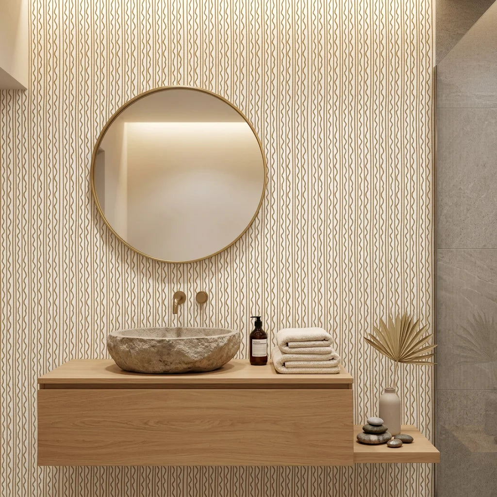 Amber Wave neutral abstract peel and stick wallpaper as a feature wall in a bright home office