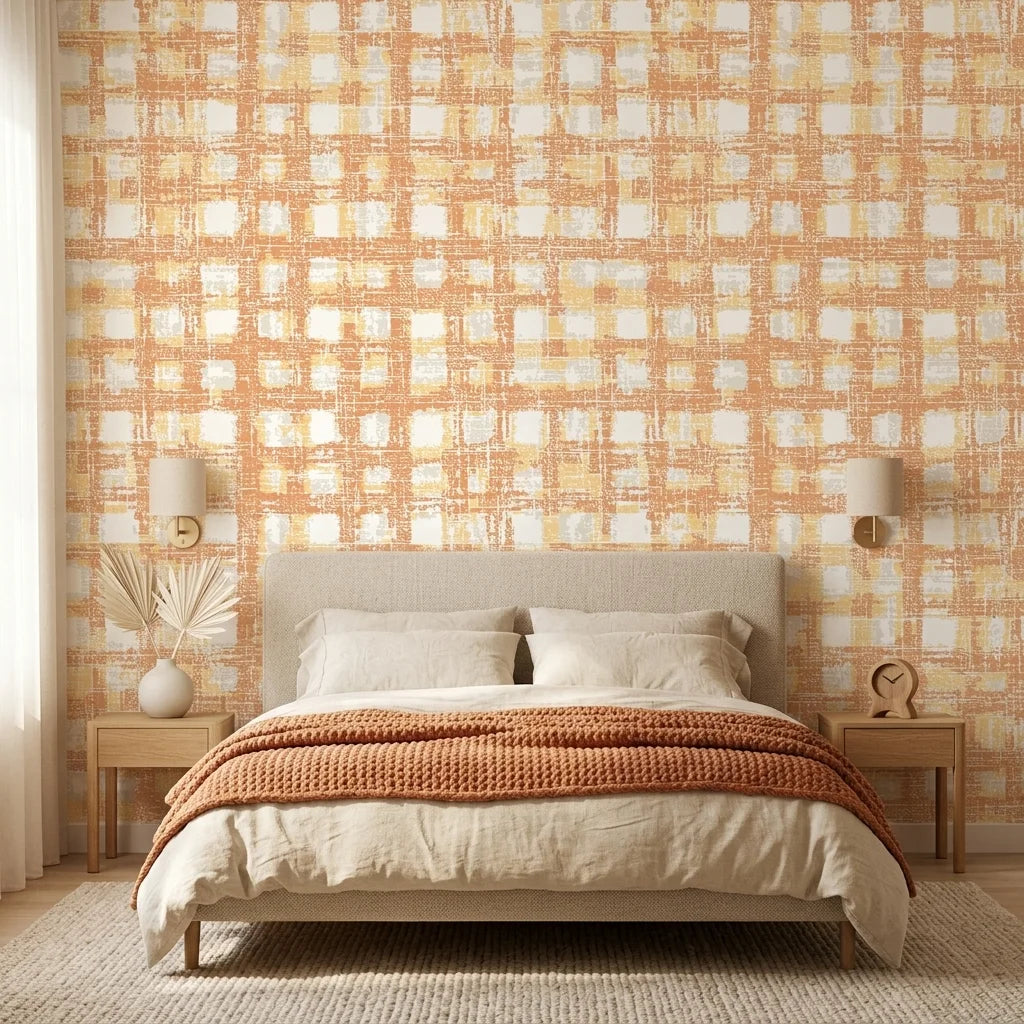 Amber Weave rustic orange plaid wallpaper adding character to a cozy bedroom