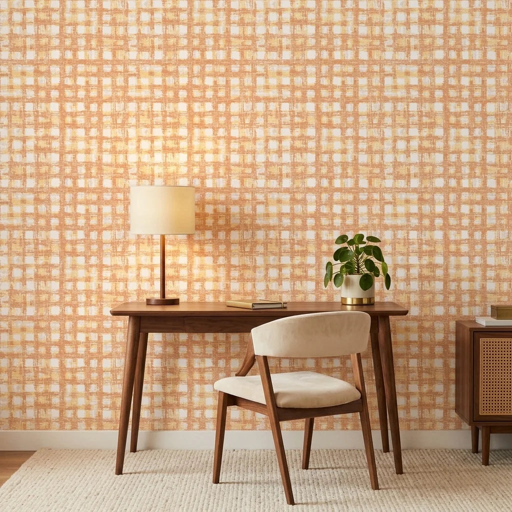 Amber Weave rustic orange plaid wallpaper enhancing the charm of a stylish dining room