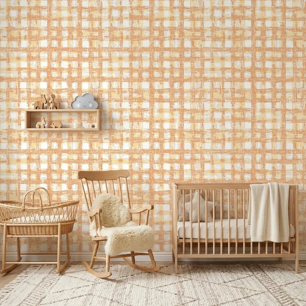 Amber Weave rustic orange plaid wallpaper bringing warmth to a peaceful nursery