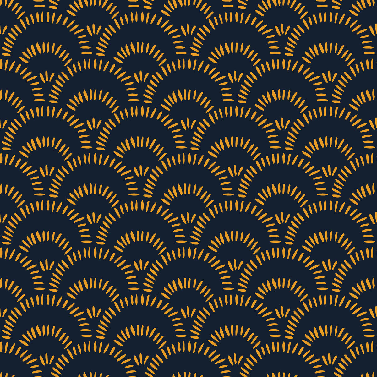 Self-adhesive wallpaper featuring a navy and gold geometric arch pattern, known as Amber Arches