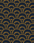 Self-adhesive wallpaper featuring a navy and gold geometric arch pattern, known as Amber Arches