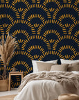 Navy blue and gold wallpaper featuring a geometric arch pattern, easily applied with peel-and-stick backing, named Amber Arches