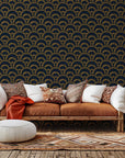 Self-adhesive wall covering named "Amber Arches" featuring a pattern of deep blue and golden geometric arches