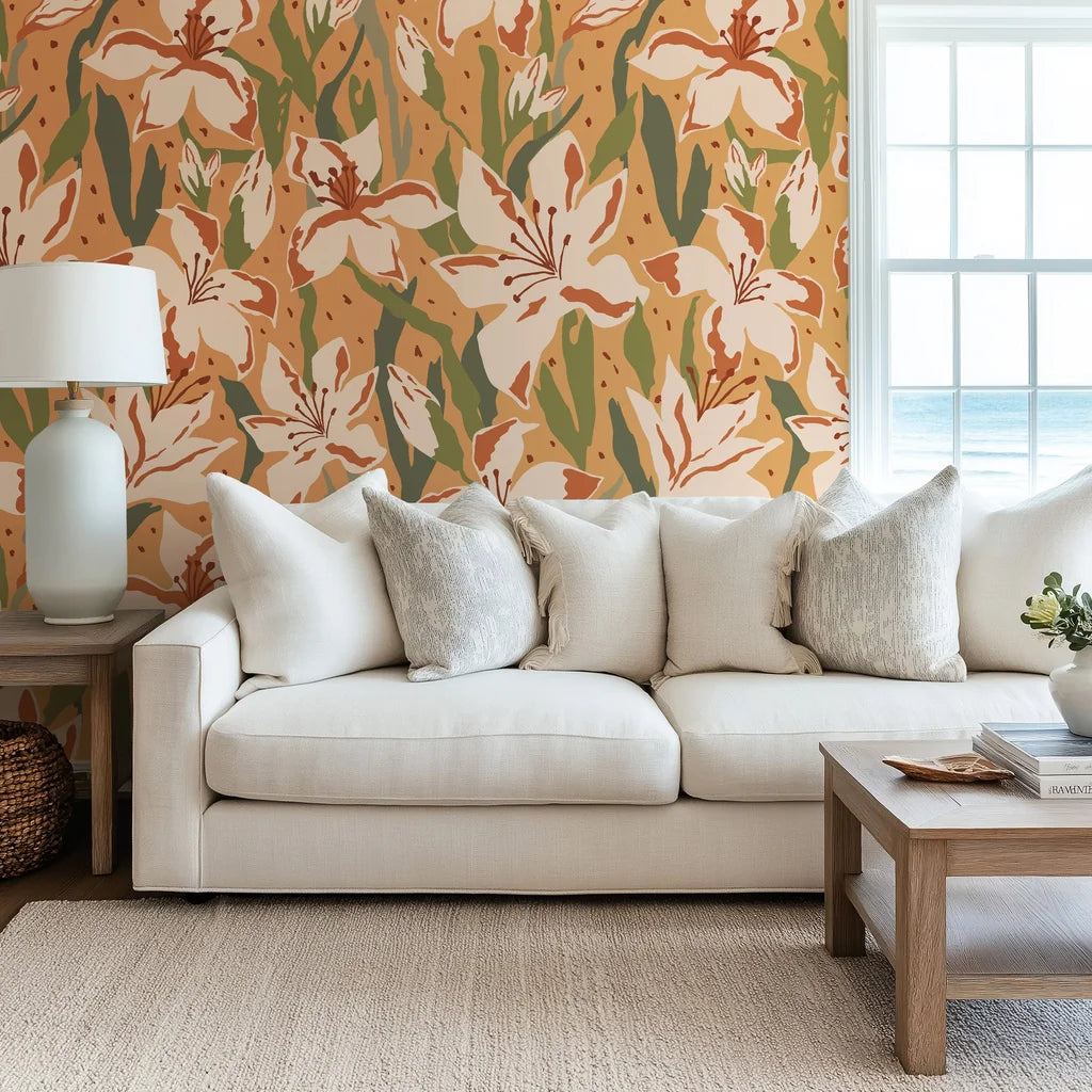 A warm floral arrangement created by big, painterly blooms colored in terracotta and amber hues wallpaper