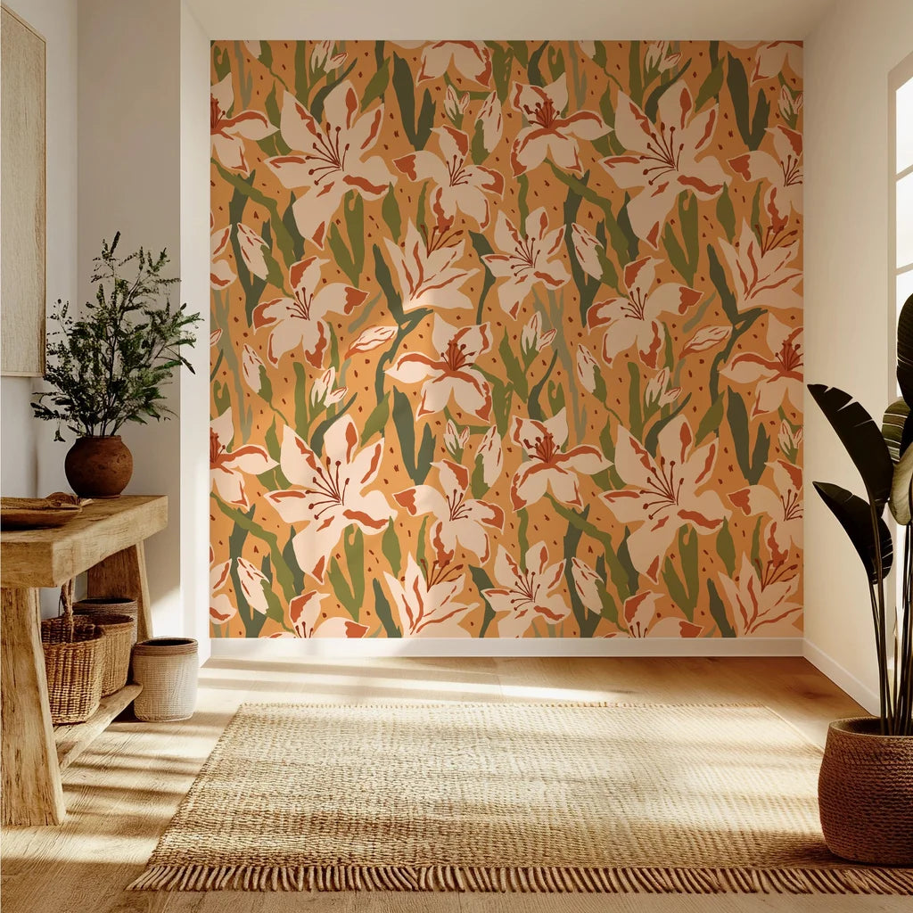 Substantial, impressionistic flowers showing tones of deep gold and burnt orange, forming a cozy floral motif wallpaper
