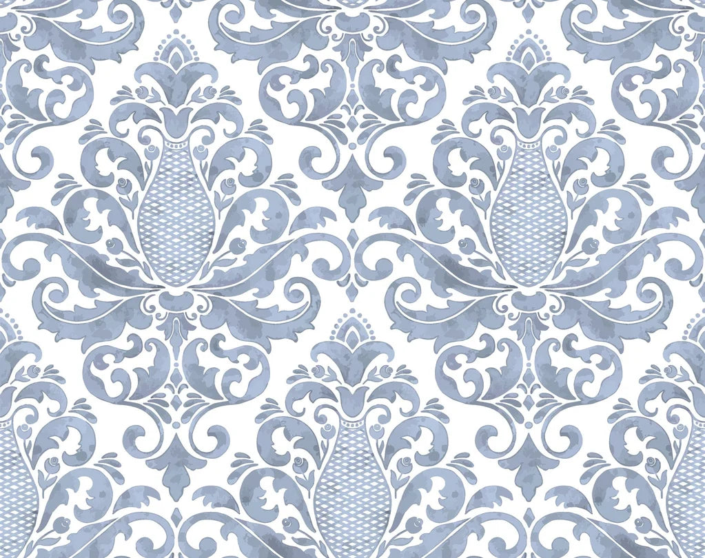 Elegant French blue damask wallpaper with ornate scrollwork and pineapple motifs in Amber Blossom Ballet pattern