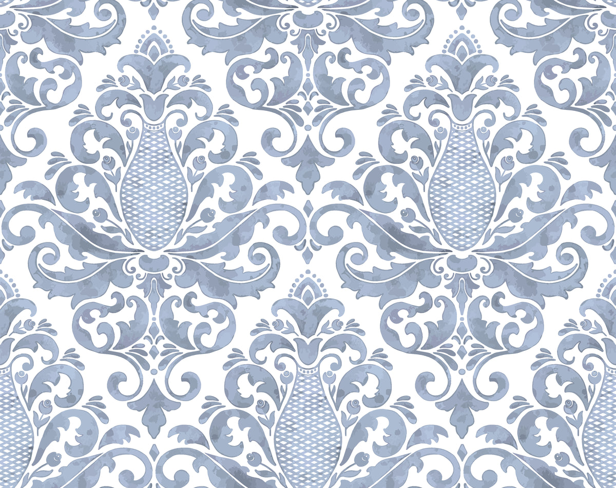 Elegant French blue damask wallpaper with ornate scrollwork and pineapple motifs in Amber Blossom Ballet pattern