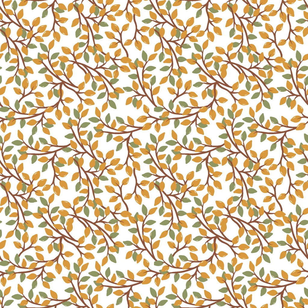 Amber and green foliage pattern displayed on white botanical wall covering