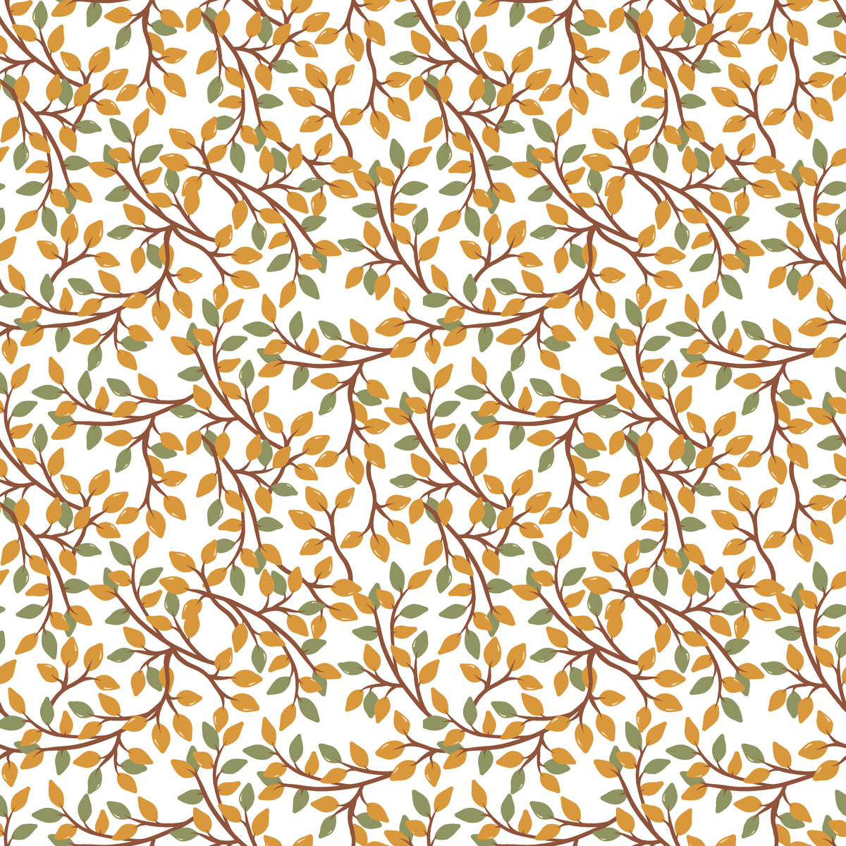 Amber and green foliage pattern displayed on white botanical wall covering