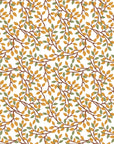 Amber and green foliage pattern displayed on white botanical wall covering