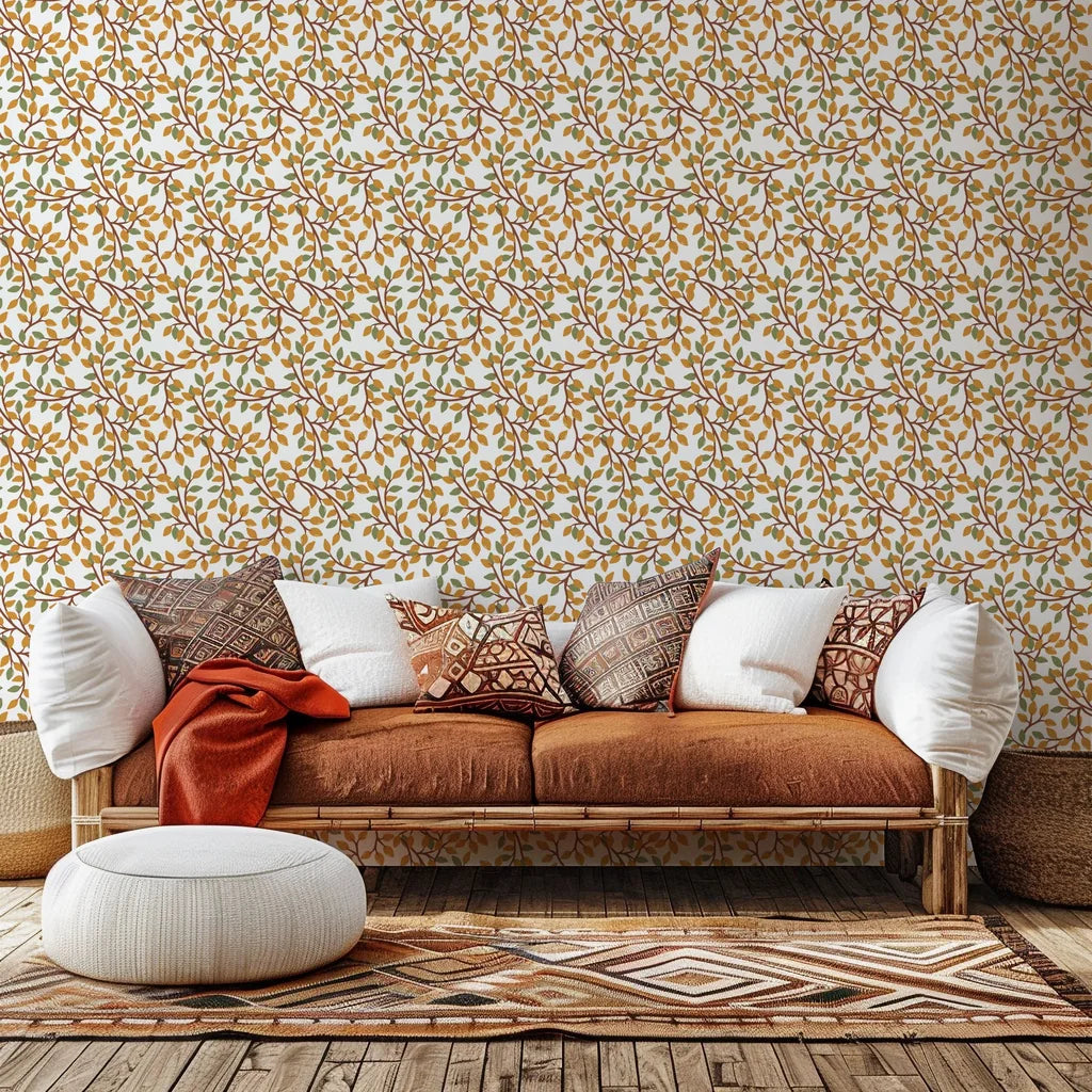 White wall covering featuring green and amber leaves on a botanical vine pattern (Amber Breeze)