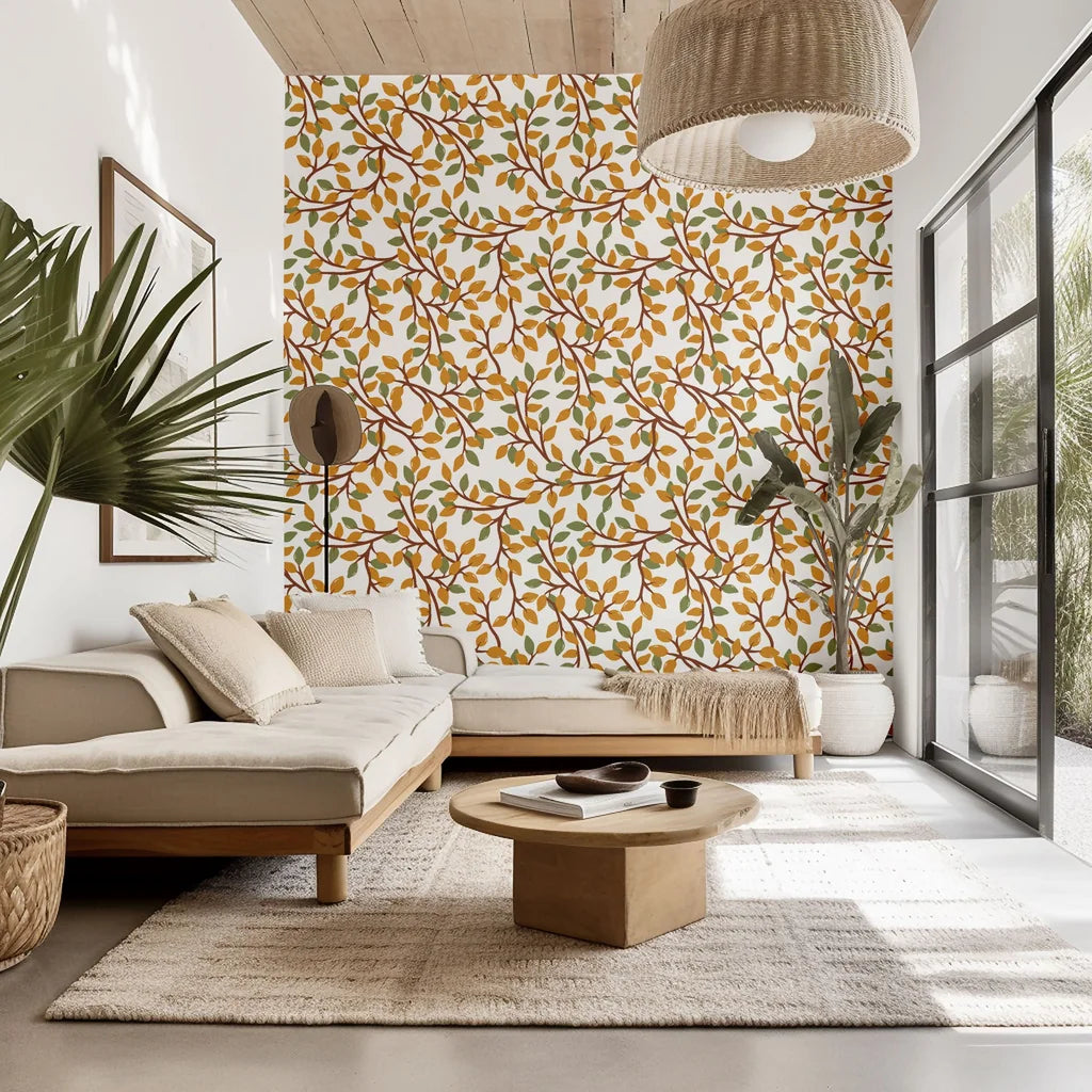 A wall covering featuring an Amber Breeze botanical design, showcasing white vines contrasted with green and amber foliage
