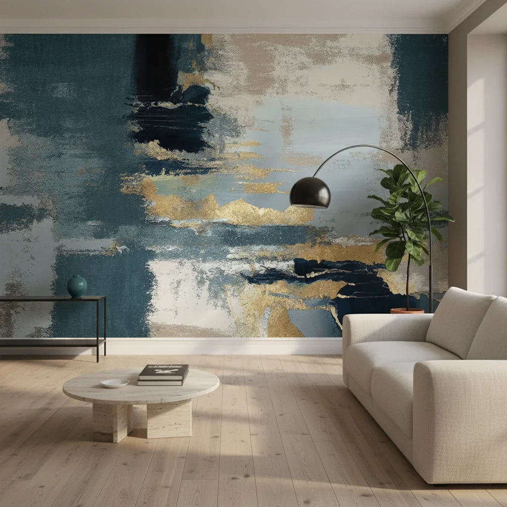 Amber Fog moody navy gold abstract in a warm and inviting living room