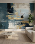 Amber Fog moody navy gold abstract in a warm and inviting living room