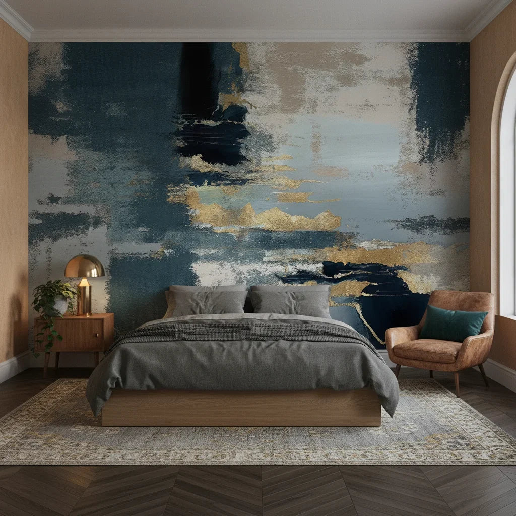Amber Fog moody navy gold abstract adding character to a cozy bedroom