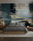 Amber Fog moody navy gold abstract adding character to a cozy bedroom