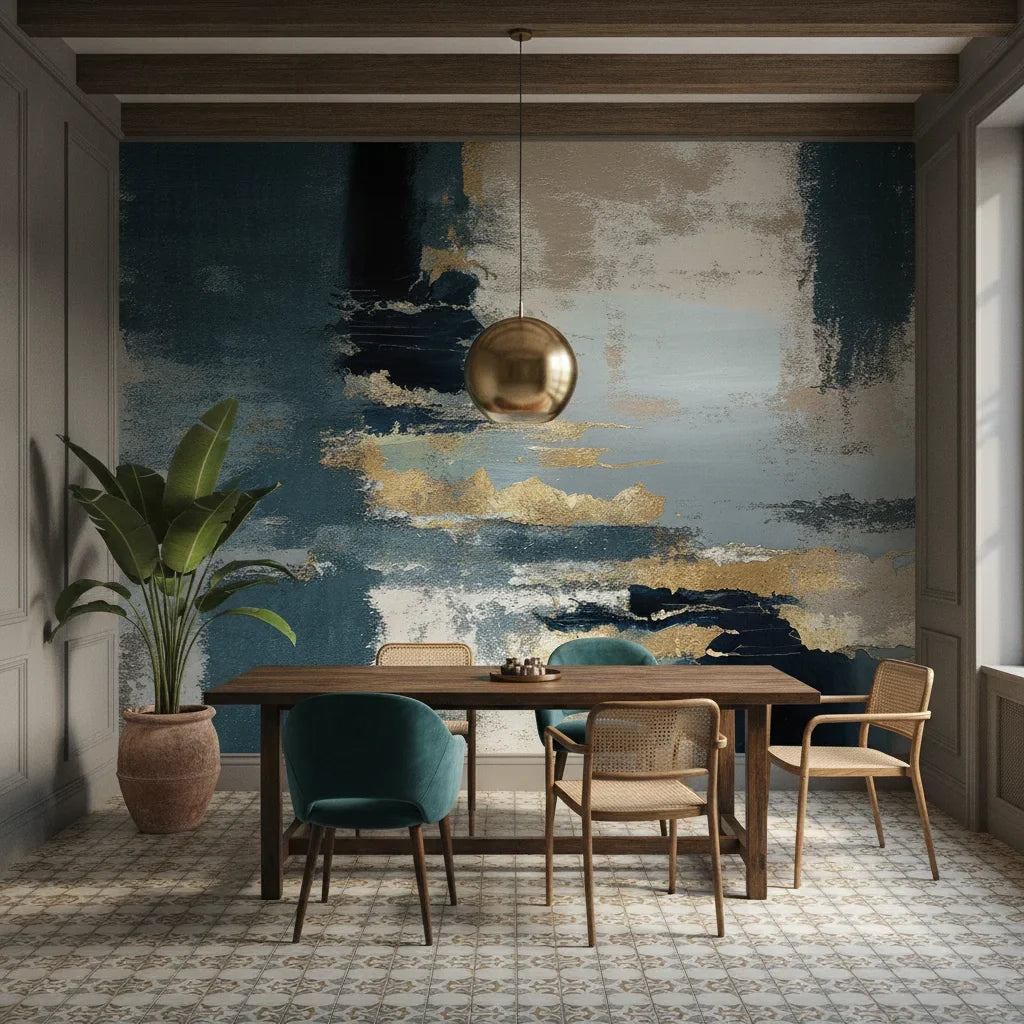 Amber Fog moody navy gold abstract as a feature wall in a bright home office
