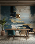 Amber Fog moody navy gold abstract as a feature wall in a bright home office